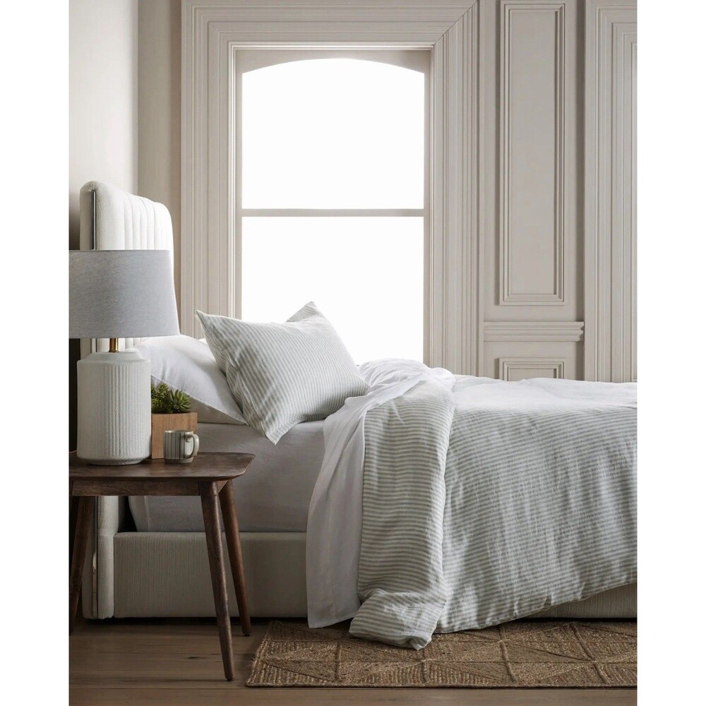 Quince European Linen Duvet Cover King Cal King Mist White Stripe $174 Retail